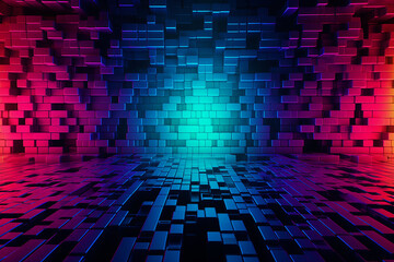 Abstract background of blue and pink cubes in the middle of a tunnel. Computer generated abstract background.    