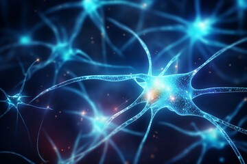 3d illustration of neuron cell with glowing particles, computer generated abstract background.  