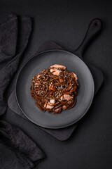 Delicious fresh buckwheat noodles with boiled tiger prawns, salt, spices and mushrooms