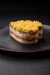 Delicious fresh mimosa salad with canned fish, egg, moinese, cheese, salt and spices