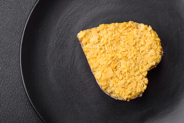 Delicious fresh mimosa salad with canned fish, egg, moinese, cheese, salt and spices