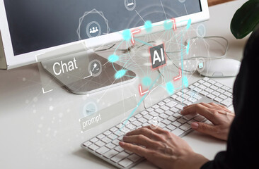 Artificial Intelligence Industry. Integration Computing Concept. Man presses brain AI gears button...