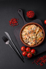 Delicious boiled beef or pork tongue sliced with carrots, onions, sour cream and spices