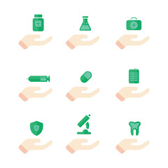 Vector medical pharmaceutical icons on hand collection. Clinic medical social media icon set