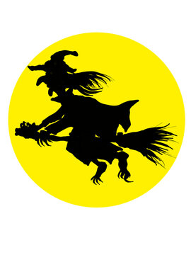 A witch riding a broom flying in the sky shadow on the moon