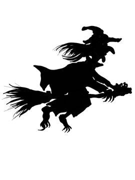 A witch riding a broom flying in the sky
