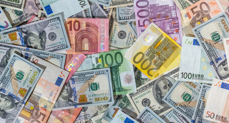 Obraz na płótnie Canvas купа двох провідних валют - долар США і євро банкноти.