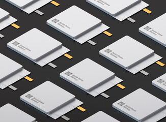 Group of Solid-State Battery cell units with sample QR code on black background. Next Generation Electric Vehicle Battery concept. Generic design. Isometric view.  3D rendering illustration.