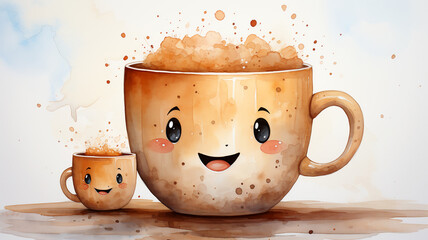 Cappuccino Charm Illustrated: Light Background Featuring Smiling Coffee Mug and Splashes