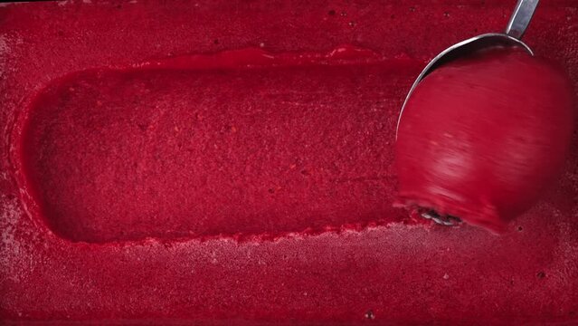 Scoop ice cream strawberry, Closeup Top view Food concept.