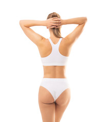 Fototapeta na wymiar Young and beautiful slender girl in white swimsuit posing over white background. Healthcare, diet, sport and fitness concept.