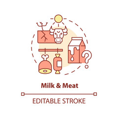 Editable milk and meat icon representing heatflation concept, isolated vector, global warming impact thin line illustration.