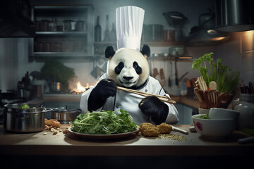 panda cooking in the kitchen