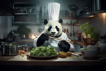 Poster Im Rahmen panda cooking in the kitchen © IOLA