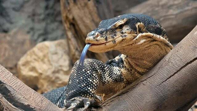 View of asian water monitor flicking its tongue. Large varanid lizard on a branch
