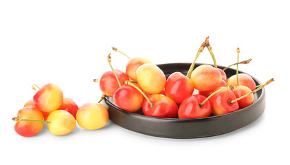 Tray with sweet yellow cherries on white background