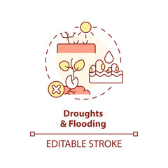 Editable droughts and flooding icon representing heatflation concept, isolated vector, global warming impact thin line illustration.