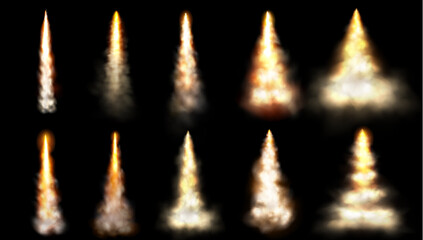 Rocket smoke speed fire trail cloud vector isolated effect. 3d realistic plane or jet launch contrail flame spray. Shuttle or spaceship takeoff explosionin sky. Aircraft condensation track texture © klyaksun