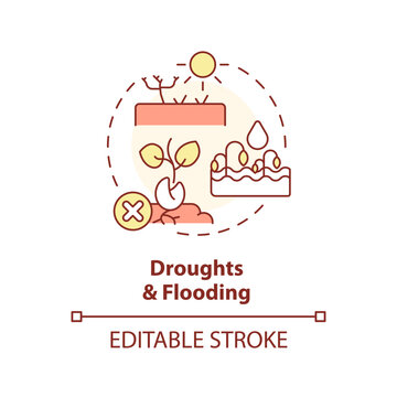 Editable droughts and flooding icon representing heatflation concept, isolated vector, global warming impact thin line illustration.