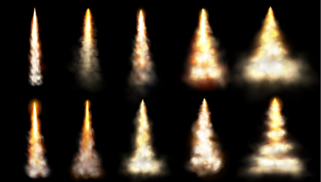 Rocket smoke speed fire trail cloud vector isolated effect. 3d realistic plane or jet launch contrail flame spray. Shuttle or spaceship takeoff explosionin sky. Aircraft condensation track texture