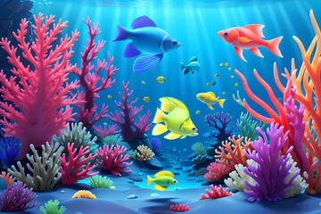 Fototapeta na wymiar Underwater marine and oceanic world with fish, algae and corals, illustration with marine animals