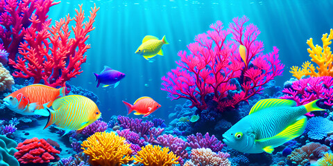 Fototapeta na wymiar Underwater marine and oceanic world with fish, algae and corals, illustration with marine animals