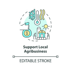 Editable support local agribusiness icon representing heatflation concept, isolated vector, global warming solutions linear illustration.