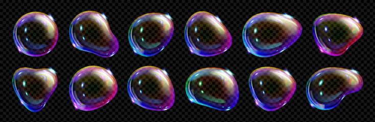 Realistic set of soap bubbles isolated on transparent background. Vector illustration of iridescent water balls with glossy rainbow color surface, laundry foam, symbol of freedom and childhood fun - obrazy, fototapety, plakaty