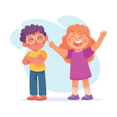 Offensive Girl Bullying and Abusing Unhappy Boy Agemate Teasing Vector Illustration