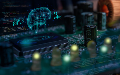 circuit board with microship, capacitors, program source code, leds and brain hologram close-up....