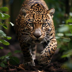 A sleek jaguar (Panthera onca) stealthily moving through the vibrant rainforest. Taken with a professional camera and lens. - obrazy, fototapety, plakaty