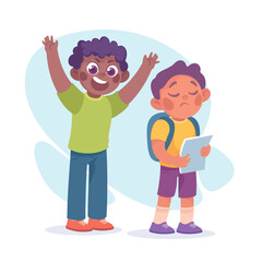 Offensive Boy Bullying and Abusing Unhappy Agemate Teasing Vector Illustration