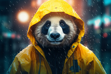 panda wearing a rain coat