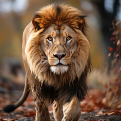 Fototapeta premium A majestic lion (Panthera leo) standing proudly in its natural habitat. Taken with a professional camera and lens.