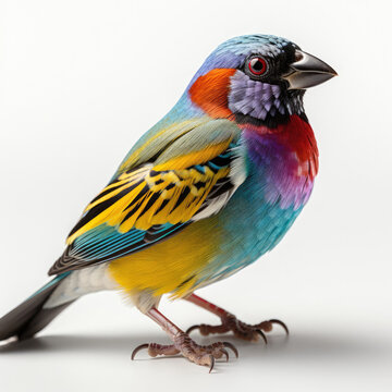 An enchanting closeup shot of a Gouldian Finch (Erythrura gouldiae) capturing its high detail plumage and vibrant colors.