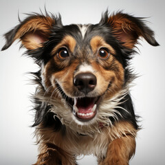 An energetic Jack Russell puppy (Canis lupus familiaris) jumping in mid-air with excitement.