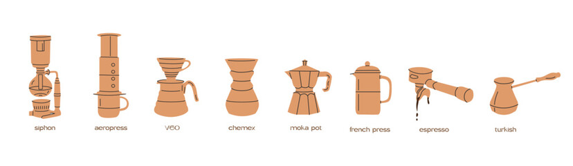 Manual alternative coffee brewing methods and tools hand drawn doodle style icons. Pour over, drip, syphon, moka, v60, aeropress coffee. Vector retro minimalist doodle set isolated illustration.