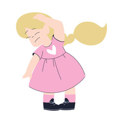 Little Girl in Pink Dress Standing and Think Scratching Head Vector Illustration