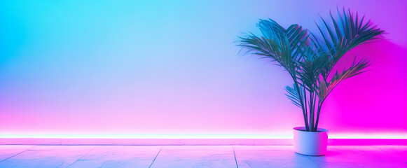 studio background with houseplants and colorful neon lights, generative ai
