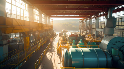 Industrial interior, hydroelectric power station with electric generators turbine room. Generation AI