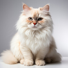 A fluffy Himalayan cat (Felis catus) with dichromatic eyes.