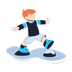 Happy Boy Walk Over Water Step on Pebble Having Fun Vector Illustration