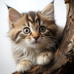 An adventurous Siberian Forest Cat kitten (Felis catus) climbing a cat tree.