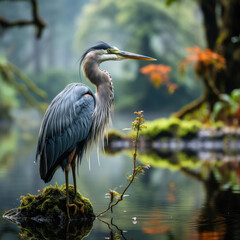 Obraz premium A graceful heron (Ardeidae) standing by a serene river in the heart of the rainforest.