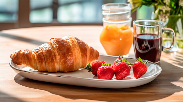 A traditional French breakfast with coffee, croissant, juice and strawberry on wooden table.