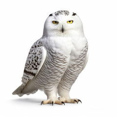 Fototapeta premium A glistening Snowy Owl (Bubo scandiacus) in a poised stance.