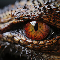 An intense closeup shot of a crocodile's eye showcasing its reptilian features.