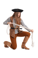 Beautiful female pirate with rope on white background