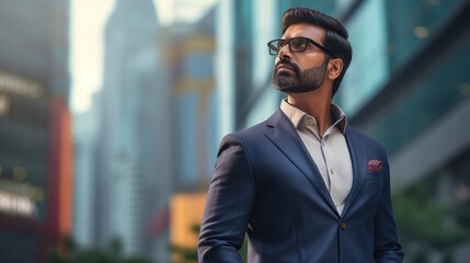 Fototapeta premium Confident rich eastern indian business man executive standing in modern big city looking and dreaming of future business success, thinking of new goals, business vision and leadership, generative ai