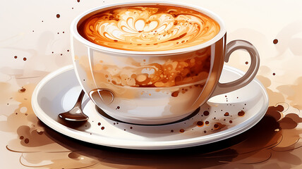 Drawing of a cup of hot cappuccino on a light background, with splashes, breakfast concept